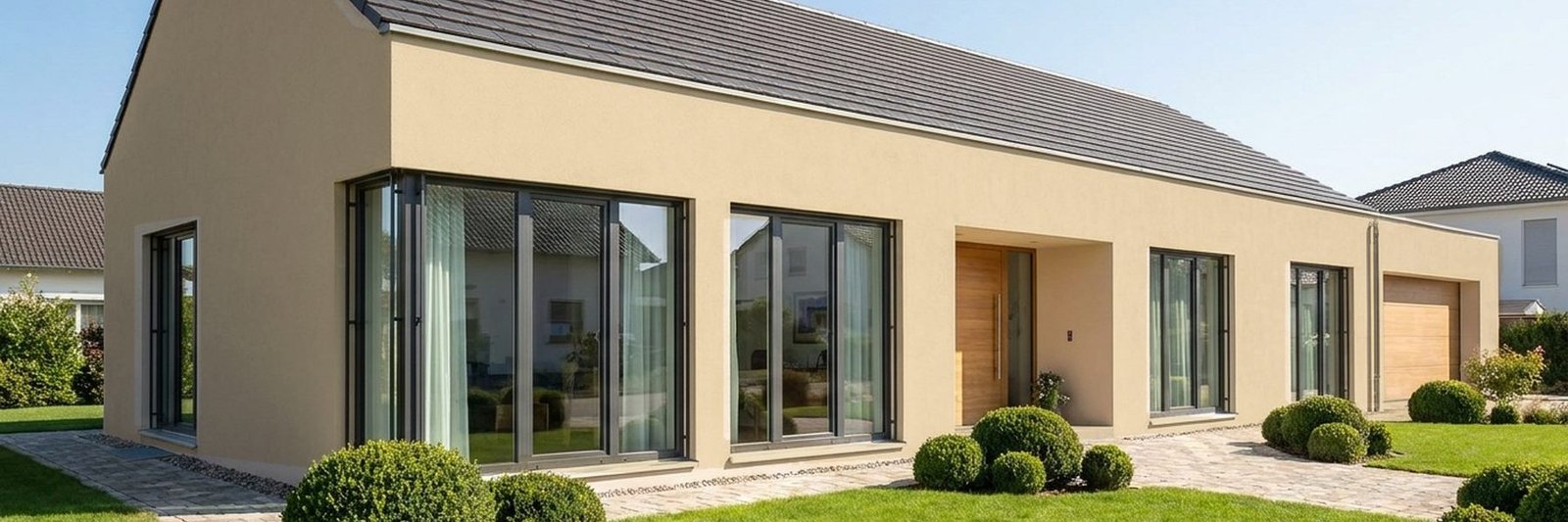 Frisch gestrichene Fassade eines Einfamilienhauses in Sandbeige – Referenz Maler Atai