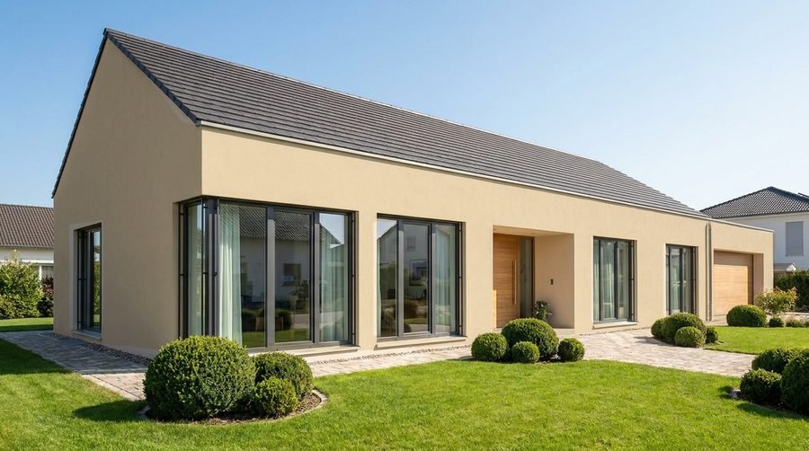 Einfamilienhaus mit Fassade in Sandbeige